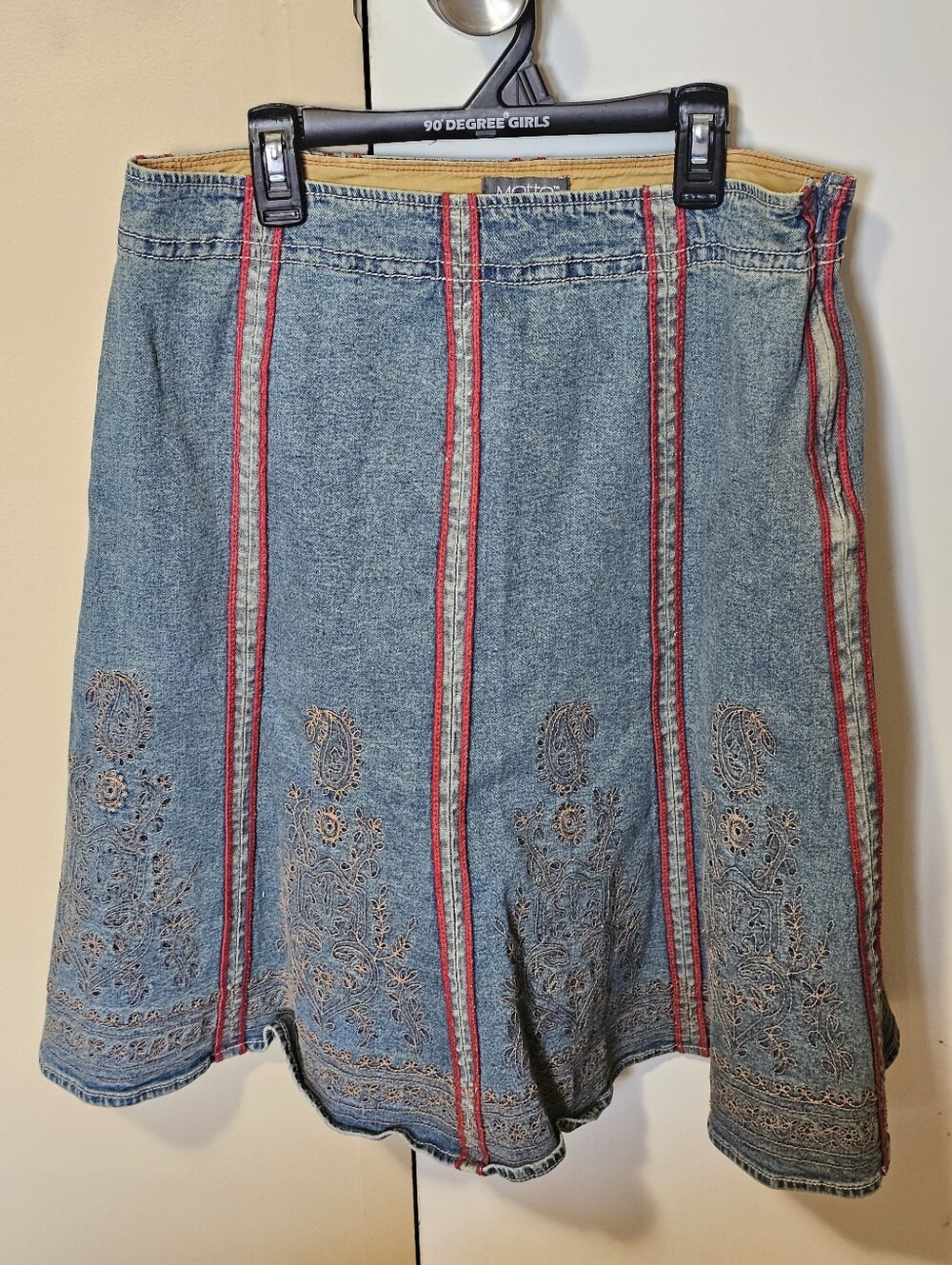 Women's Denim Jean Skirt - Size 14 - Red Stripe & Floral Accents with Side Zip